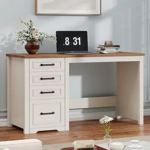 Farmhouse 49 Executive Desk with File Drawer, 4 Drawers Reversible Computer Desk with Storage, Rustic Home Writing Workstation for Home Office.White Brown Farmhouse 49 Executive Desk with File Drawer, 4 Drawers Reversible Computer Desk with Storage, Rustic Home Writing Workstation for Home Office.White Brown