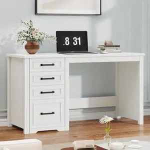 Farmhouse 49 Executive Desk with File Drawer, 4 Drawers Reversible Computer Desk with Storage, Rustic Home Writing Workstation for Home Office, Cream White Farmhouse 49 Executive Desk with File Drawer, 4 Drawers Reversible Computer Desk with Storage, Rustic Home Writing Workstation for Home Office, Cream White