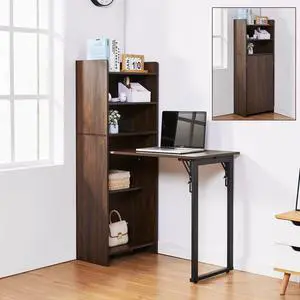 Foldable Desk with Storage,Hidden Desk with Built-in Socket,Fold Out Writing Table for Small Spaces,Home Office and Bedroom (Dark Walnut) Foldable Desk with Storage,Hidden Desk with Built-in Socket,Fold Out Writing Table for Small Spaces,Home Office and Bedroom (Dark Walnut)