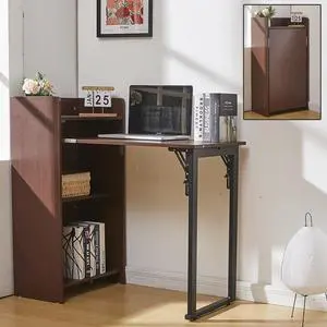 Foldable Desk,Hidden Desk with Storage and Built-in Socket,Mid Century Fold Out Table for Small Spaces,Home Office and Bedroom (Brown) Foldable Desk,Hidden Desk with Storage and Built-in Socket,Mid Century Fold Out Table for Small Spaces,Home Office and Bedroom (Brown)