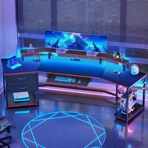 79" Gaming Desk with 2 Fabric Drawers, Long Computer Desk with Power Strip & LED Lights, U Shaped Desk wtih Storage and Cup Holder, Large Gaming Table for Bedroom, Carbon Fiber Black+Red 79" Gaming Desk with 2 Fabric Drawers, Long Computer Desk with Power Strip & LED Lights, U Shaped Desk wtih Storage and Cup Holder, Large Gaming Table for Bedroom, Carbon Fiber Black+Red