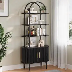 71" Tall Arched Bookshelf with Sliding Doors, Mid Century Modern Metal Curved Bookcase Cabinet with Storage, 4-Tier Storage Shelf for Living Room, Home Office, Bedroom, Black 71" Tall Arched Bookshelf with Sliding Doors, Mid Century Modern Metal Curved Bookcase Cabinet with Storage, 4-Tier Storage Shelf for Living Room, Home Office, Bedroom, Black