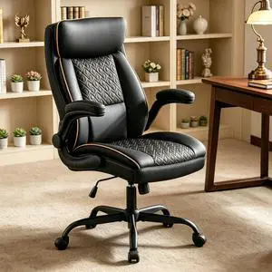 Leather Executive Office Chair, Computer Desk Chair with Lumbar Support, Comfortable Home Office Chairs 400lbs with Padded Flip-up Armrests, Height Adjustable, Tilting Function, Black Leather Executive Office Chair, Computer Desk Chair with Lumbar Support, Comfortable Home Office Chairs 400lbs with Padded Flip-up Armrests, Height Adjustable, Tilting Function, Black