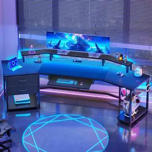 79" Gaming Desk with 2 Fabric Drawers, Long Computer Desk with Power Strip & LED Lights, U Shaped Desks with Storage and Cup Holder, Large Gaming Table for Bedroom, Carbon Fiber Black 79" Gaming Desk with 2 Fabric Drawers, Long Computer Desk with Power Strip & LED Lights, U Shaped Desks with Storage and Cup Holder, Large Gaming Table for Bedroom, Carbon Fiber Black