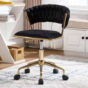 Home Office Chair, Velvet Upholstered Task Chair with Woven Open Back, 360° Swivel Desk Chair with Wheels, Adjustable Vanity Chair, Computer Chair for Office, Studio (Black) Home Office Chair, Velvet Upholstered Task Chair with Woven Open Back, 360° Swivel Desk Chair with Wheels, Adjustable Vanity Chair, Computer Chair for Office, Studio (Black)
