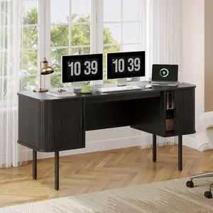 63 Inch Fluted Computer Desk with Charging Station, Mid Century Executive Desk with 2 Storage Cabinets, Modern Home Office Large Desk with Metal Legs for Working, Studying, Writing, Black 63 Inch Fluted Computer Desk with Charging Station, Mid Century Executive Desk with 2 Storage Cabinets, Modern Home Office Large Desk with Metal Legs for Working, Studying, Writing, Black