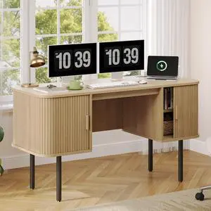 55 Inch Fluted Computer Desk with Charging Station, Mid Century Executive Desk with 2 Storage Cabinets, Modern Home Office Large Desk with Metal Legs for Working, Studying, Writing Oak 55 Inch Fluted Computer Desk with Charging Station, Mid Century Executive Desk with 2 Storage Cabinets, Modern Home Office Large Desk with Metal Legs for Working, Studying, Writing Oak