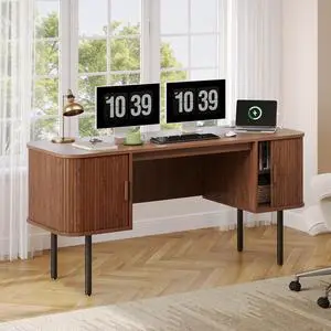 63 Inch Fluted Computer Desk with Charging Station, Mid Century Executive Desk with 2 Storage Cabinets, Modern Home Office Large Desk with Metal Legs for Working, Studying, Writing, Walnut 63 Inch Fluted Computer Desk with Charging Station, Mid Century Executive Desk with 2 Storage Cabinets, Modern Home Office Large Desk with Metal Legs for Working, Studying, Writing, Walnut