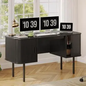 55 Inch Fluted Computer Desk with Charging Station, Mid Century Executive Desk with 2 Storage Cabinets, Modern Home Office Large Desk with Metal Legs for Working, Studying, Writing, Black 55 Inch Fluted Computer Desk with Charging Station, Mid Century Executive Desk with 2 Storage Cabinets, Modern Home Office Large Desk with Metal Legs for Working, Studying, Writing, Black