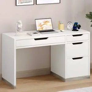 White Desk with 4 Drawers, 52 Inch Modern Computer Desk with Storage for Bedroom, Home Office Writing Desk for Small Spaces, Minimalist White Writing Desk White Desk with 4 Drawers, 52 Inch Modern Computer Desk with Storage for Bedroom, Home Office Writing Desk for Small Spaces, Minimalist White Writing Desk