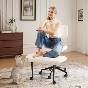 Ergonomic Cross Legged Chair for ADHD, Meditation Chair with 360° Swivel Wheels, Kneeling Office Chair with Back Support, Strong Lumbar Support, Teddy Fabric, White Ergonomic Cross Legged Chair for ADHD, Meditation Chair with 360° Swivel Wheels, Kneeling Office Chair with Back Support, Strong Lumbar Support, Teddy Fabric, White