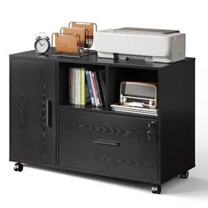 Office File Cabinet with Lock, 1-Drawer Wood Lateral Filing Cabinet on Wheels, Printer Stand with Open Storage Shelves for Home Office, Black Office File Cabinet with Lock, 1-Drawer Wood Lateral Filing Cabinet on Wheels, Printer Stand with Open Storage Shelves for Home Office, Black