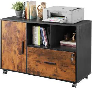 Lateral File Cabinet with Lock, 1-Drawer Rolling File Cabinets on Wheels for Home Office, Wood Printer Stand with Open Storage Shelf, Rustic Brown Lateral File Cabinet with Lock, 1-Drawer Rolling File Cabinets on Wheels for Home Office, Wood Printer Stand with Open Storage Shelf, Rustic Brown