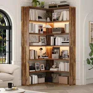 Corner Bookshelf, 7 Tier Bookcase with LED Light and Storage, Industrial Tall Bookshelf Etagere Bookcase, 71 Corner Book Shelf with Storage Display Rack with Baffles for Home Office Corner Bookshelf, 7 Tier Bookcase with LED Light and Storage, Industrial Tall Bookshelf Etagere Bookcase, 71 Corner Book Shelf with Storage Display Rack with Baffles for Home Office