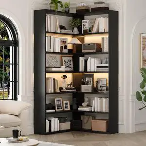 7 Tier Corner Book Shelf with LED Lights, 71 Tall Corner Bookshelf with Storage, Modern Storage Display Industrial L Shaped Bookshelf for Living Room, Study Room, Kitchen, Black 7 Tier Corner Book Shelf with LED Lights, 71 Tall Corner Bookshelf with Storage, Modern Storage Display Industrial L Shaped Bookshelf for Living Room, Study Room, Kitchen, Black
