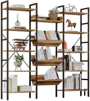 Bookshelf, Bookshelves and Bookcases, Triple Wide 5 Tiers Book Shelf with Baffles, Industrial Bookshelf with Metal Frame for Living Room, Home Office Bookshelf, Bookshelves and Bookcases, Triple Wide 5 Tiers Book Shelf with Baffles, Industrial Bookshelf with Metal Frame for Living Room, Home Office