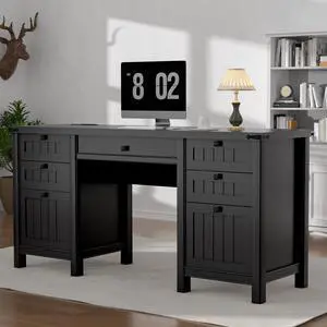Executive Desk, Modern Farmhouse Computer Desk with Drawers & Cabinet, Home Office Desk for Work Study Writing Workspace (Black, 62") Executive Desk, Modern Farmhouse Computer Desk with Drawers & Cabinet, Home Office Desk for Work Study Writing Workspace (Black, 62")
