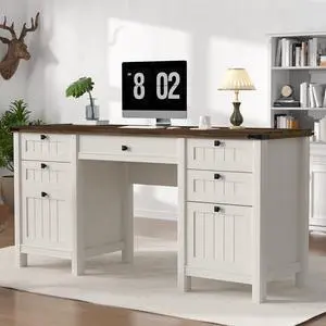 Executive Desk, Modern Farmhouse Computer Desk with Drawers & Cabinet, Home Office Desk for Work Study Writing Workspace (Antique White, 62") Executive Desk, Modern Farmhouse Computer Desk with Drawers & Cabinet, Home Office Desk for Work Study Writing Workspace (Antique White, 62")