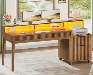 Modern Office Desk with 4 Drawers, 59" Fluted Gaming Computer Desk with Storage, LED Lights and Power Strip, Wood Writing Desk Study Table for Home Office, Living Room, Bedroom, Brown Modern Office Desk with 4 Drawers, 59" Fluted Gaming Computer Desk with Storage, LED Lights and Power Strip, Wood Writing Desk Study Table for Home Office, Living Room, Bedroom, Brown