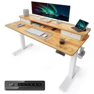 55 x 24 Electric Standing Desk with Double Storage Drawers, Height Adjustable Home Office Computer Workstation, 4 Adjustable Feet & 2 Hooks, Light Rustic 55 x 24 Electric Standing Desk with Double Storage Drawers, Height Adjustable Home Office Computer Workstation, 4 Adjustable Feet & 2 Hooks, Light Rustic