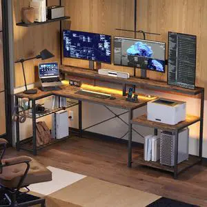 71.5" L Computer Desk with Power Outlets, Rustic Brown | Printer Shelf, Adjustable Metal Grid, Adjustable Monitor Stand, Cup & Headset Hooks, 4AC 2USB Ports for Home Workspace 71.5" L Computer Desk with Power Outlets, Rustic Brown | Printer Shelf, Adjustable Metal Grid, Adjustable Monitor Stand, Cup & Headset Hooks, 4AC 2USB Ports for Home Workspace