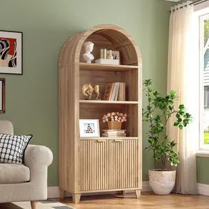 Book Shelf Arched Cabinet, 5-Tier Arch Bookcase with Doors and Adjustable Wood Shelves, Wooden Storage Cabinet with Open Display Shelf for Office,Living Room, Kitchen, Light Oak Book Shelf Arched Cabinet, 5-Tier Arch Bookcase with Doors and Adjustable Wood Shelves, Wooden Storage Cabinet with Open Display Shelf for Office,Living Room, Kitchen, Light Oak
