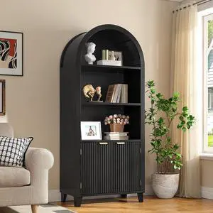 Book Shelf Arched Cabinet, 5-Tier Arch Bookcase with Doors and Adjustable Wood Shelves, Wooden Storage Cabinet with Open Display Shelf for Office,Living Room, Kitchen, Black Book Shelf Arched Cabinet, 5-Tier Arch Bookcase with Doors and Adjustable Wood Shelves, Wooden Storage Cabinet with Open Display Shelf for Office,Living Room, Kitchen, Black