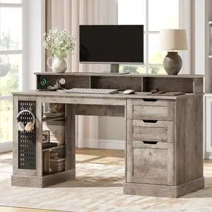 55-Inch Farmhouse Executive Desk with 2 Drawers and File Cabinet, Computer Desk with 3-Tier Storage Shelves, Home Office Desk with Charging Station, Pegboard and Monitor Shelf, Gray 55-Inch Farmhouse Executive Desk with 2 Drawers and File Cabinet, Computer Desk with 3-Tier Storage Shelves, Home Office Desk with Charging Station, Pegboard and Monitor Shelf, Gray