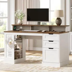 55-inch Farmhouse Executive Desk with 2 Drawers and File Cabinet, Computer Desk with 3-Tier Storage Shelves, Home Office Desk with Charging Station, Pegboard & Monitor Shelf, White and Walnut 55-inch Farmhouse Executive Desk with 2 Drawers and File Cabinet, Computer Desk with 3-Tier Storage Shelves, Home Office Desk with Charging Station, Pegboard & Monitor Shelf, White and Walnut