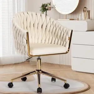 Velvet Office Chair with Hand Woven, Beige Vanity Desk Chairs with Golden Wheels, 360° Swivel Home Office Desk Chair Computer Chairs, Accent Chair Makeup Chair for Bedroom, Living Room(Beige) Velvet Office Chair with Hand Woven, Beige Vanity Desk Chairs with Golden Wheels, 360° Swivel Home Office Desk Chair Computer Chairs, Accent Chair Makeup Chair for Bedroom, Living Room(Beige)