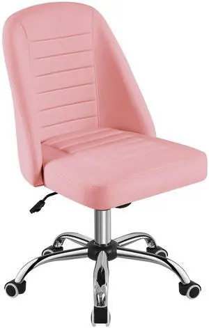 Mid Back PU Leather Armless Desk Office Chair, Modern Comfy Vanity Chair with Rolling Wheels, Metal Base Pink Mid Back PU Leather Armless Desk Office Chair, Modern Comfy Vanity Chair with Rolling Wheels, Metal Base Pink