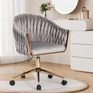 Velvet Office Chair with Hand Woven Back, Vanity Desk Chairs with Golden Wheels, Swivel Home Office Desk Chair, Accent Makeup Desk Chair for Bedroom, Living Room(Grey) Velvet Office Chair with Hand Woven Back, Vanity Desk Chairs with Golden Wheels, Swivel Home Office Desk Chair, Accent Makeup Desk Chair for Bedroom, Living Room(Grey)