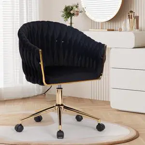 Velvet Office Chair with Hand Woven, Black Vanity Chairs with Golden Wheels, 360° Swivel Home Office Desk Chair Computer Chairs, Accent Chair Makeup Chair for Bedroom, Living Room(Black) Velvet Office Chair with Hand Woven, Black Vanity Chairs with Golden Wheels, 360° Swivel Home Office Desk Chair Computer Chairs, Accent Chair Makeup Chair for Bedroom, Living Room(Black)