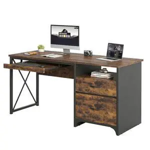Office Desk with Drawers, 55 inch Industrial Computer Desk with Storage, Wood Teacher Desk with Keyboard Tray & File Drawer for Home Office, Rustic Brown Office Desk with Drawers, 55 inch Industrial Computer Desk with Storage, Wood Teacher Desk with Keyboard Tray & File Drawer for Home Office, Rustic Brown