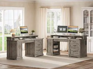 2 Pack 55'' Farmhouse Executive Desk with Drawers, Computer Desk with File Cabinet and Side Bookshelf, Writing Gaming Desk with Monitor Stand, Greige 2 Pack 55'' Farmhouse Executive Desk with Drawers, Computer Desk with File Cabinet and Side Bookshelf, Writing Gaming Desk with Monitor Stand, Greige