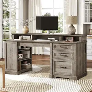 55'' Farmhouse Executive Desk with Drawers, Home Office Desk with File Cabinet and Storage Shelf, Charging Station, Computer Desk with Monitor Stand, Writing Gaming Desk, Greige 55'' Farmhouse Executive Desk with Drawers, Home Office Desk with File Cabinet and Storage Shelf, Charging Station, Computer Desk with Monitor Stand, Writing Gaming Desk, Greige