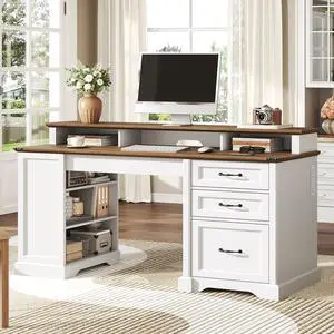 55'' Farmhouse Executive Desk with Drawers, Computer Desk with File Cabinet and Side Bookshelf, Writing Gaming Desk with Monitor Stand & Charging Station, White and Walnut 55'' Farmhouse Executive Desk with Drawers, Computer Desk with File Cabinet and Side Bookshelf, Writing Gaming Desk with Monitor Stand & Charging Station, White and Walnut