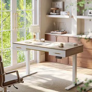 One-Piece Top Electric Standing Desk, 47 x 24 Inch Height Adjustable Sit Stand Desk with Three Drawers for Home Office, Maple One-Piece Top Electric Standing Desk, 47 x 24 Inch Height Adjustable Sit Stand Desk with Three Drawers for Home Office, Maple