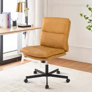 Armless Office Desk Chair with Wheels, Double Padded PU-Leather Chairs, Mid-Back Criss Cross Swivel Task Chair, Height Adjustable Cushioned Vanity Chair for Home, Office & Bedroom (Yellow) Armless Office Desk Chair with Wheels, Double Padded PU-Leather Chairs, Mid-Back Criss Cross Swivel Task Chair, Height Adjustable Cushioned Vanity Chair for Home, Office & Bedroom (Yellow)