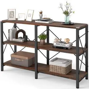 47" 3 Tier Industrial Book Shelf, Free Standing Horizontal Low Metal Rustic Farmhouse Book Case with Wood Shelves for Home Office, Den, or Living Room Rustic Brown and Black 47" 3 Tier Industrial Book Shelf, Free Standing Horizontal Low Metal Rustic Farmhouse Book Case with Wood Shelves for Home Office, Den, or Living Room Rustic Brown and Black