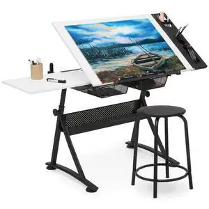 Art Deco Drafting Table, Height-Adjustable, Tiltable Tabletop, Stool for Reading Writing Painting, Homeschooling Desk for Children with 2 Storage Drawers Art Deco Drafting Table, Height-Adjustable, Tiltable Tabletop, Stool for Reading Writing Painting, Homeschooling Desk for Children with 2 Storage Drawers