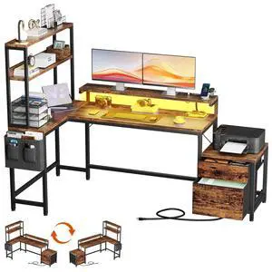 70 Inch L Shaped Desk with File Drawers and Reversible Storage Shelves, Computer Desk with Power Outlet & LED Strip, Home Office Desks, Writing Study Desk for Bedroom, Rustic Brown 70 Inch L Shaped Desk with File Drawers and Reversible Storage Shelves, Computer Desk with Power Outlet & LED Strip, Home Office Desks, Writing Study Desk for Bedroom, Rustic Brown