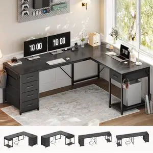 57" L Shaped Desk with 5 Drawers, Reversible Computer Corner Desk with Storage & Power Strip for Home Office, 78.7" Long 2 Person Desk, Black 57" L Shaped Desk with 5 Drawers, Reversible Computer Corner Desk with Storage & Power Strip for Home Office, 78.7" Long 2 Person Desk, Black