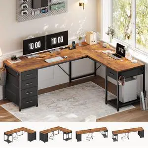 57" L Shaped Desk with 5 Drawers, Reversible Computer Corner Desk with Storage & Power Strip for Home Office, 78.7" Long 2 Person Desk, Rustic Brown 57" L Shaped Desk with 5 Drawers, Reversible Computer Corner Desk with Storage & Power Strip for Home Office, 78.7" Long 2 Person Desk, Rustic Brown