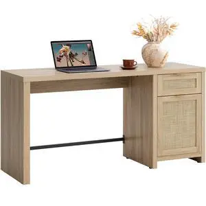 59" Rattan Computer Desk Wood Desk, Home Office Desk with Drawer | Large Boho Farmhouse Writing Table Vanity Desk with Cabinet for Office, Study, Living Room, Dining Room 59" Rattan Computer Desk Wood Desk, Home Office Desk with Drawer | Large Boho Farmhouse Writing Table Vanity Desk with Cabinet for Office, Study, Living Room, Dining Room