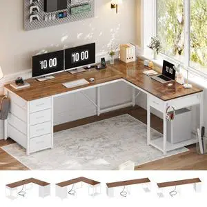 57" L Shaped Desk with 5 Drawers, Reversible Computer Corner Desk with Storage & Power Strip for Home Office, 78.7" Long 2 Person Desk, Brown+White 57" L Shaped Desk with 5 Drawers, Reversible Computer Corner Desk with Storage & Power Strip for Home Office, 78.7" Long 2 Person Desk, Brown+White