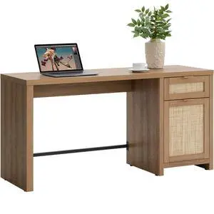 Rattan Computer Desk Wood Desk with Drawer, 59" Home Office Desk | Large Boho Farmhouse Writing Table Vanity Desk with Cabinet for Office, Study, Living Room, Dining Room Rattan Computer Desk Wood Desk with Drawer, 59" Home Office Desk | Large Boho Farmhouse Writing Table Vanity Desk with Cabinet for Office, Study, Living Room, Dining Room