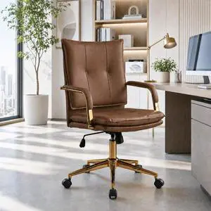 Office Chair, Leather Desk Chair, Brown Desk Chair, Mid Century Modern Office Chair, Swivel Comfy Upholstered Wide Seat Chair with Gold Legs and Armrests for Home, Office (Brown&Golden) Office Chair, Leather Desk Chair, Brown Desk Chair, Mid Century Modern Office Chair, Swivel Comfy Upholstered Wide Seat Chair with Gold Legs and Armrests for Home, Office (Brown&Golden)
