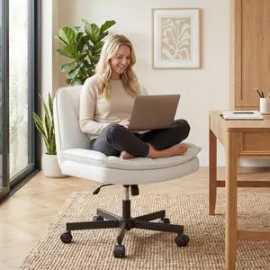 Criss Cross Office Chair with Wheels, Armless Cross Legged Office Chair with 2 Layer Comfy Leather & Back, 90°-120° Reclining, Wide Vanity Chair for Home Office, Beige Criss Cross Office Chair with Wheels, Armless Cross Legged Office Chair with 2 Layer Comfy Leather & Back, 90°-120° Reclining, Wide Vanity Chair for Home Office, Beige