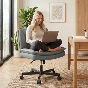 Criss Cross Office Chair with Wheels, Cross Legged Office Chair with 2 Layer Comfy Leather & Back, Armless Wide Vanity Chair for Home Office, Grey Criss Cross Office Chair with Wheels, Cross Legged Office Chair with 2 Layer Comfy Leather & Back, Armless Wide Vanity Chair for Home Office, Grey